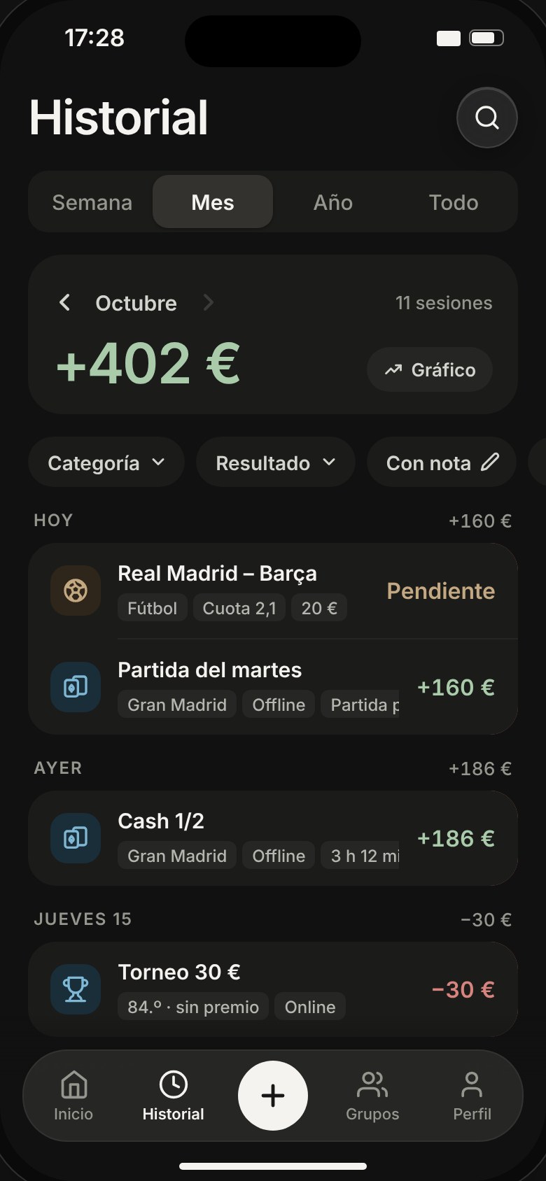 La partida cerrada aparece en tu historial con tu resultado